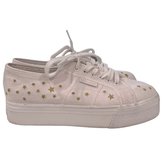 Superga 2790 Embcottonw White Gold Stars Platform Sneakers Size 41 / 10-10.5 US - Picture 1 of 12
